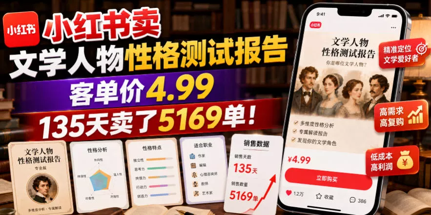 小红书卖文学人物性格测试报告，客单价4.99，135天卖了5169单！-知行阁轻创网-分享网络赚钱项目-全网首发副业项目实操平台-副业创业项目网