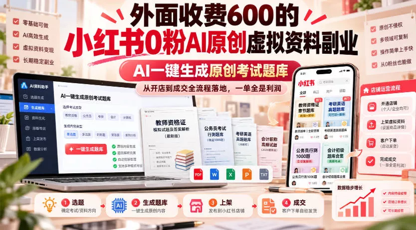 外面收费600的小红书0粉AI原创虚拟资料副业,AI一键生成原创考试题库,从开店到成交全流程落地,一单全是利润-知行阁轻创网-分享网络赚钱项目-全网首发副业项目实操平台-副业创业项目网