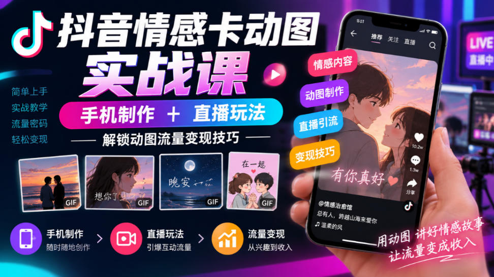 抖音情感卡动图实战课｜手机制作+直播玩法，解锁动图流量变现技巧-知行阁轻创网-分享网络赚钱项目-全网首发副业项目实操平台-副业创业项目网