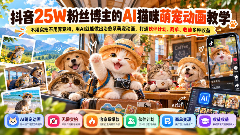 抖音25W粉丝博主的AI猫咪萌宠动画教学，不用实拍不用养宠物，用AI就能做出治愈系萌宠动画，打通伙伴计划、商单、收徒多种收益-知行阁轻创网-分享网络赚钱项目-全网首发副业项目实操平台-副业创业项目网