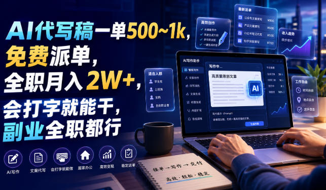 AI代写稿一单500~1k，免费派单，全职月入2W+，会打字就能干，副业全职都行【揭秘】-知行阁轻创网-分享网络赚钱项目-全网首发副业项目实操平台-副业创业项目网