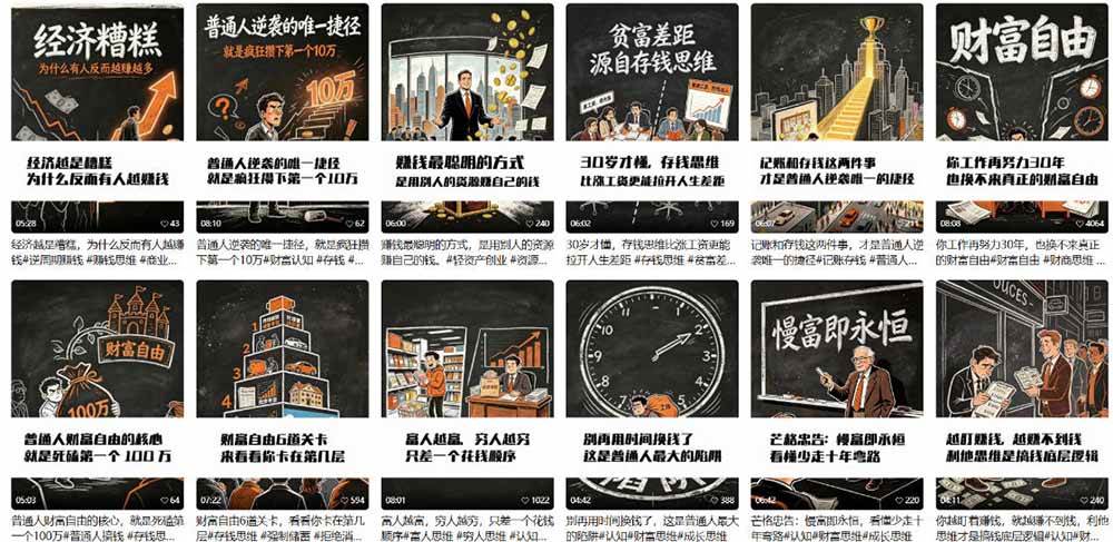 （19515期）AI书单财富书籍图文解读：手绘黑白风格×一键直出×几十条视频跑1000单×全流程拆解×新手可上手-知行阁轻创网-分享网络赚钱项目-全网首发副业项目实操平台-副业创业项目网