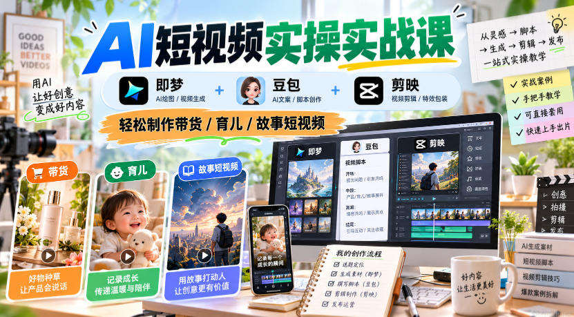 AI短视频实操实战课，即梦+豆包+剪映，轻松制作带货/育儿/故事短视频-知行阁轻创网-分享网络赚钱项目-全网首发副业项目实操平台-副业创业项目网