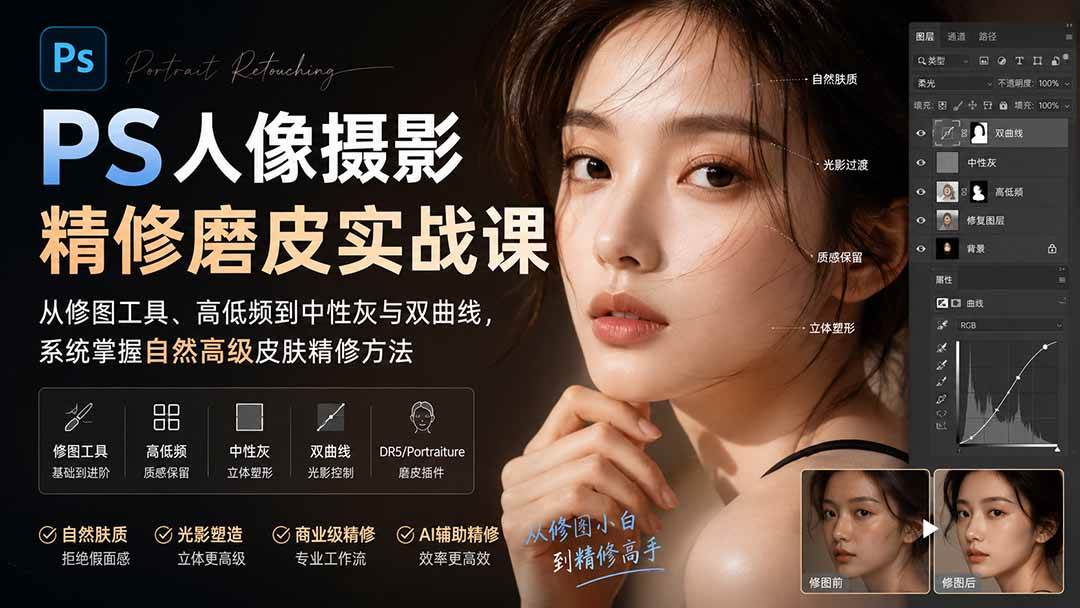 （20061期）PS人像摄影精修磨皮实战课：从修图工具、高低频到中性灰与双曲线，系统掌握自然高级皮肤精修方法-知行阁轻创网-分享网络赚钱项目-全网首发副业项目实操平台-副业创业项目网