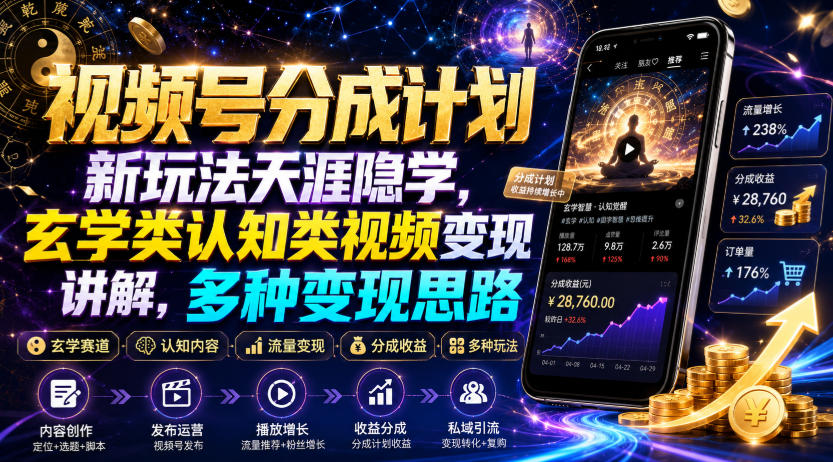 视频号分成计划新玩法天涯隐学，玄学类认知类视频变现讲解，多种变现思路-知行阁轻创网-分享网络赚钱项目-全网首发副业项目实操平台-副业创业项目网