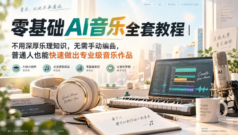 零基础AI音乐全套教程｜不用深厚乐理知识，无需手动编曲，普通人也能快速做出专业级音乐作品-知行阁轻创网-分享网络赚钱项目-全网首发副业项目实操平台-副业创业项目网