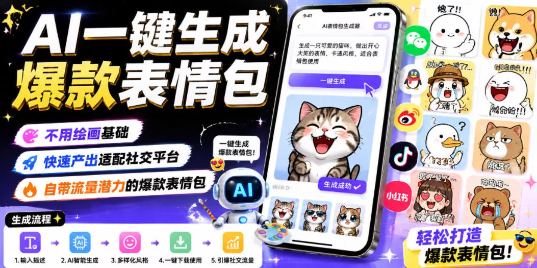 AI一键生成爆款表情包，不用绘画基础，快速产出适配社交平台，自带流量潜力的爆款表情包-知行阁轻创网-分享网络赚钱项目-全网首发副业项目实操平台-副业创业项目网