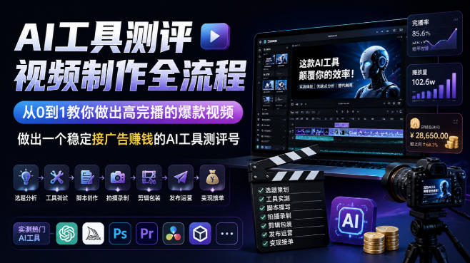 AI工具测评视频制作全流程，从0到1教你做出高完播的爆款视频，做出一个稳定接广告賺钱的AI工具测评号-知行阁轻创网-分享网络赚钱项目-全网首发副业项目实操平台-副业创业项目网