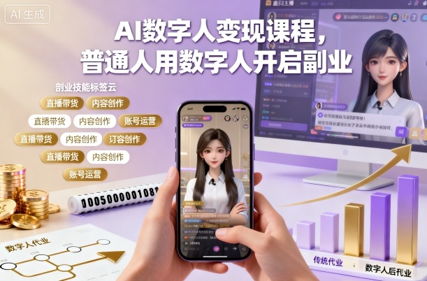 AI数字人变现课程，普通人用数字人开启副业-知行阁轻创网-分享网络赚钱项目-全网首发副业项目实操平台-副业创业项目网