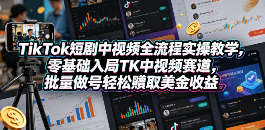 TikTok短剧中视频全流程实操教学，零基础入局TK中视频赛道，批量做号轻松賺取美金收益-知行阁轻创网-分享网络赚钱项目-全网首发副业项目实操平台-副业创业项目网