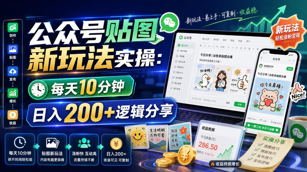 公众号贴图新玩法实操，每天10分钟，日入200+逻辑分享-知行阁轻创网-分享网络赚钱项目-全网首发副业项目实操平台-副业创业项目网