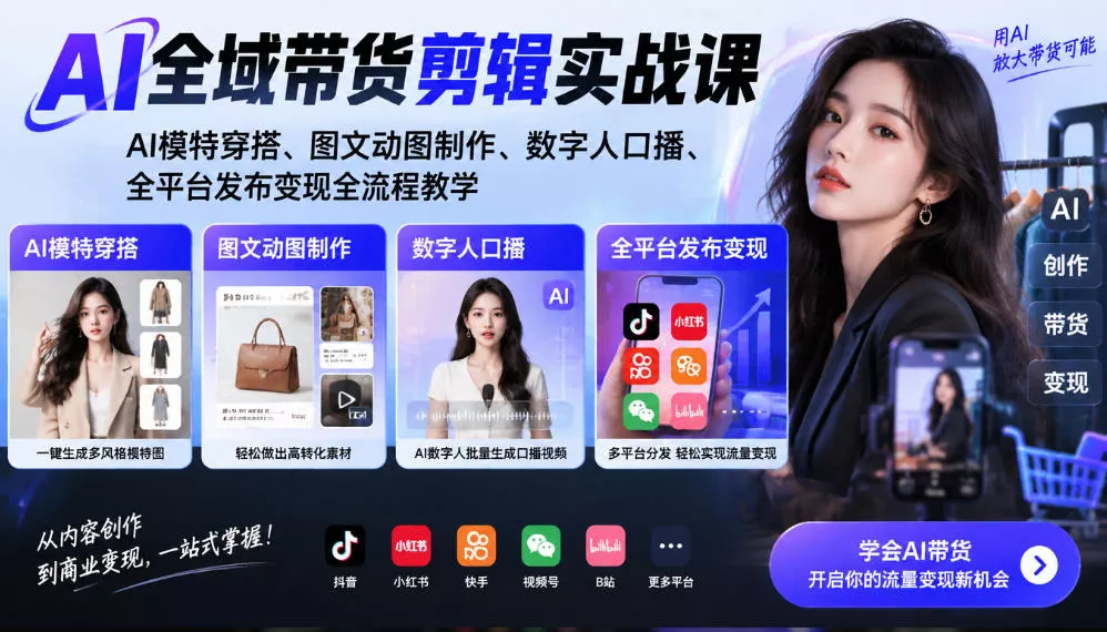 AI全域带货剪辑实战课｜AI模特穿搭、图文动图制作、数字人口播、全平台发布变现全流程教学-知行阁轻创网-分享网络赚钱项目-全网首发副业项目实操平台-副业创业项目网
