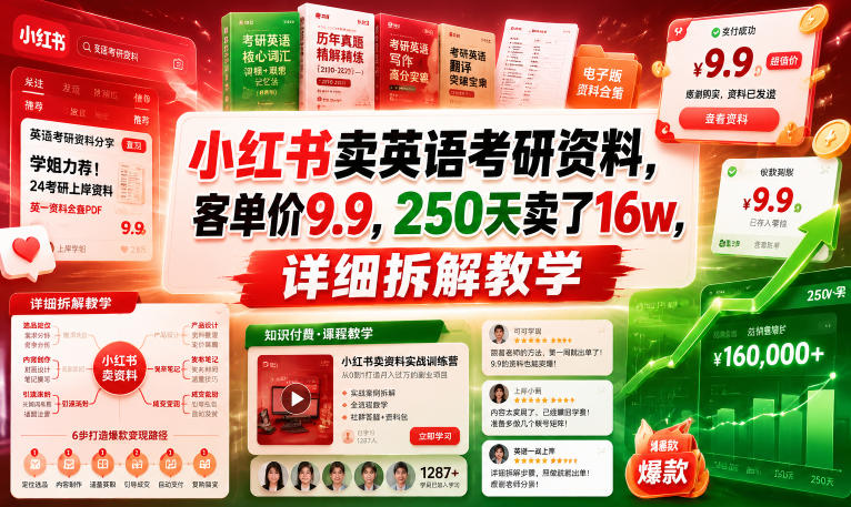 小红书卖英语考研资料，客单价9.9，250天卖了16w，详细拆解教学-知行阁轻创网-分享网络赚钱项目-全网首发副业项目实操平台-副业创业项目网