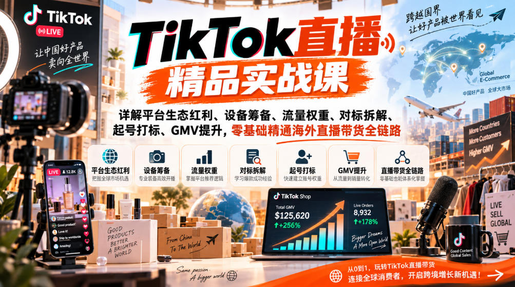 TikTok直播精品实战课，详解平台生态红利、设备筹备、流量权重、对标拆解、起号打标、GMV提升，零基础精通海外直播带货全链路-知行阁轻创网-分享网络赚钱项目-全网首发副业项目实操平台-副业创业项目网