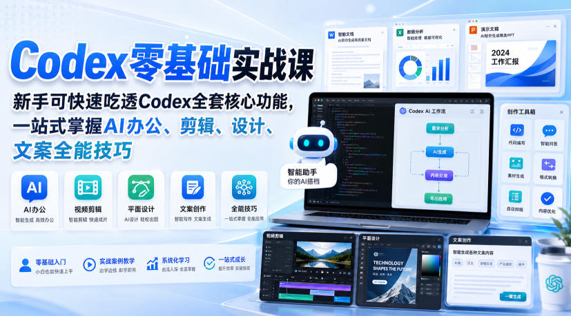 Codex零基础实战课,新手可快速吃透Codex全套核心功能,一站式掌握AI办公、剪辑、设计、文案全能技巧-知行阁轻创网-分享网络赚钱项目-全网首发副业项目实操平台-副业创业项目网