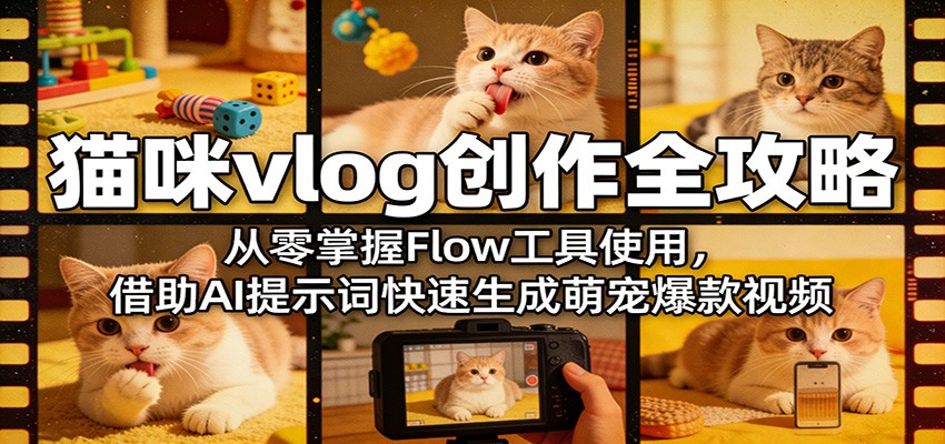 猫咪vlog创作全攻略：从零掌握Flow工具使用，借助AI提示词快速生成萌宠爆款视频-知行阁轻创网-分享网络赚钱项目-全网首发副业项目实操平台-副业创业项目网