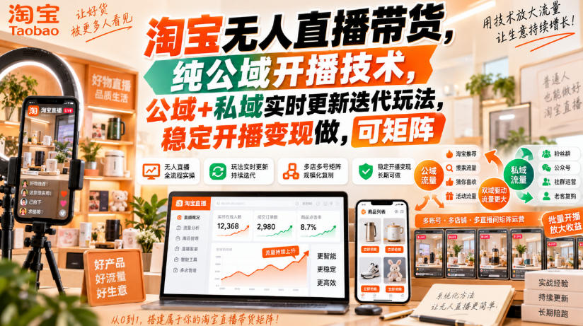 淘宝无人直播带货，纯公域开播技术，公域+私域实时更新迭代玩法，稳定开播变现做，可矩阵【揭秘】-知行阁轻创网-分享网络赚钱项目-全网首发副业项目实操平台-副业创业项目网