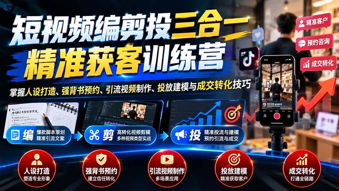 （20910期）短视频编剪投三合一精准获客训练营：掌握人设打造、强背书预约、引流视频制作、投放建模与成交转化技巧-知行阁轻创网-分享网络赚钱项目-全网首发副业项目实操平台-副业创业项目网