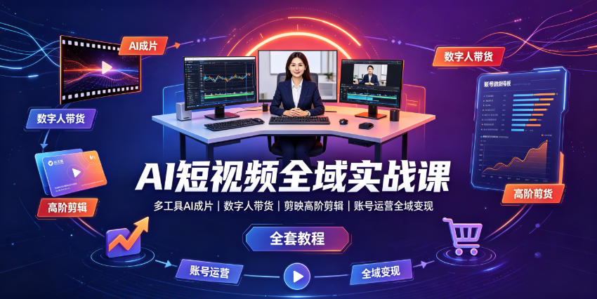 AI短视频全域实战课|多工具AI成片、数字人带货、剪映高阶剪辑、账号运营全域变现全套教程-知行阁轻创网-分享网络赚钱项目-全网首发副业项目实操平台-副业创业项目网