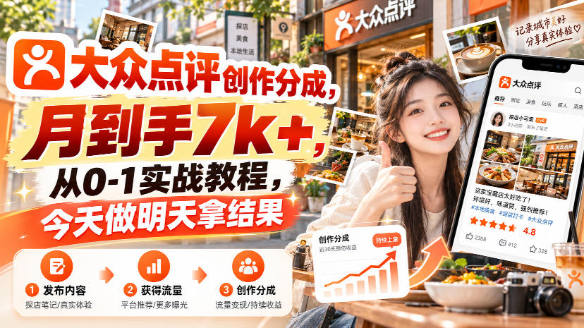 大众点评创作分成，月到手7k+，从0-1实战教程，今天做明天拿结果-知行阁轻创网-分享网络赚钱项目-全网首发副业项目实操平台-副业创业项目网