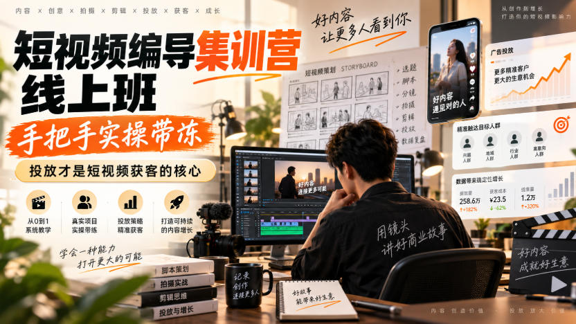 短视频编导集训营线上班，手把手实操带冻，投放才是短视频获客的核心-知行阁轻创网-分享网络赚钱项目-全网首发副业项目实操平台-副业创业项目网