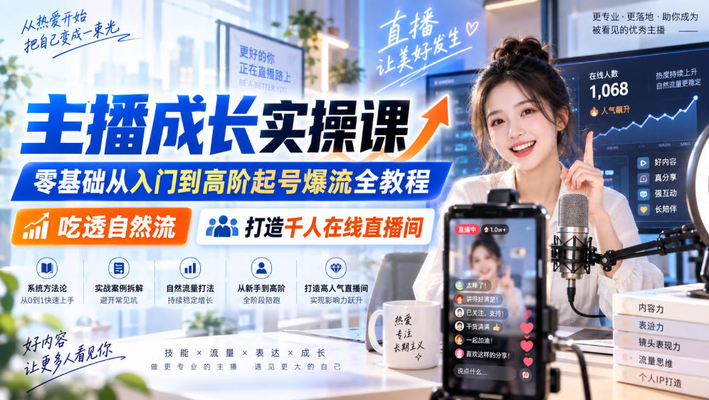 主播成长实操课｜零基础从入门到高阶起号爆流全教程，吃透自然流，打造千人在线直播间-知行阁轻创网-分享网络赚钱项目-全网首发副业项目实操平台-副业创业项目网