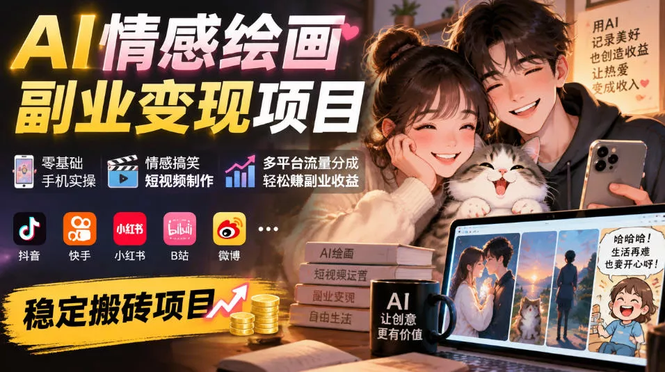 AI情感绘画副业变现项目｜零基础手机实操，情感搞笑短视频制作，多平台流量分成轻松賺副业收益-知行阁轻创网-分享网络赚钱项目-全网首发副业项目实操平台-副业创业项目网