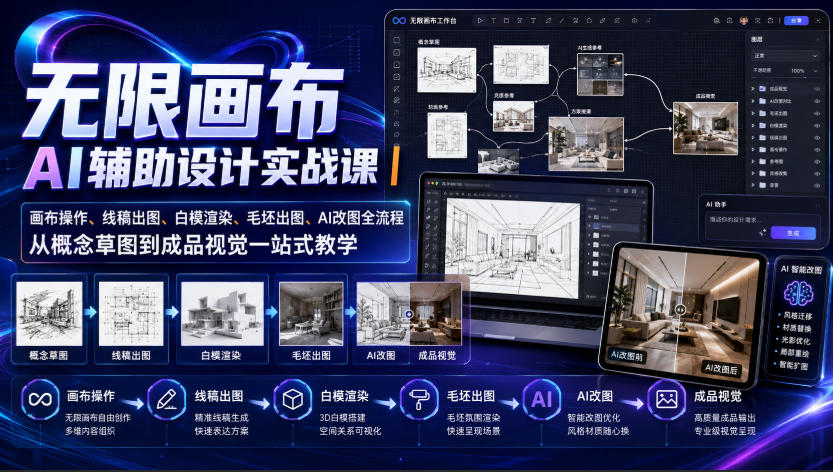 无限画布AI辅助设计实战课｜画布操作、线稿出图、白模渲染、毛坯出图、AI改图全流程，从概念草图到成品视觉一站式教学-知行阁轻创网-分享网络赚钱项目-全网首发副业项目实操平台-副业创业项目网