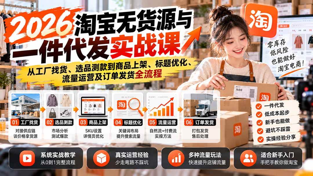 （20903期）2026淘宝无货源与一件代发实战课：从工厂找货、选品测款到商品上架、标题优化、流量运营及订单发货全流程-知行阁轻创网-分享网络赚钱项目-全网首发副业项目实操平台-副业创业项目网