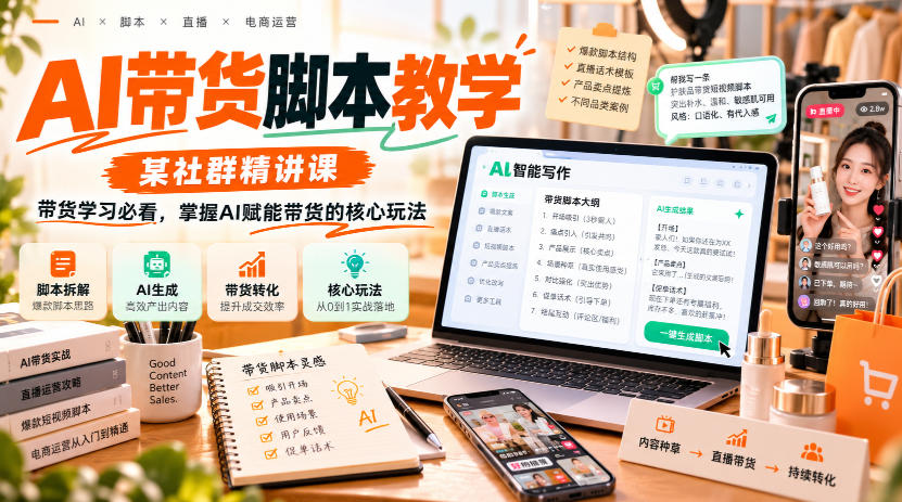 AI带货脚本教学，某社群精讲课，带货学习必看，掌握AI赋能带货的核心玩法-知行阁轻创网-分享网络赚钱项目-全网首发副业项目实操平台-副业创业项目网