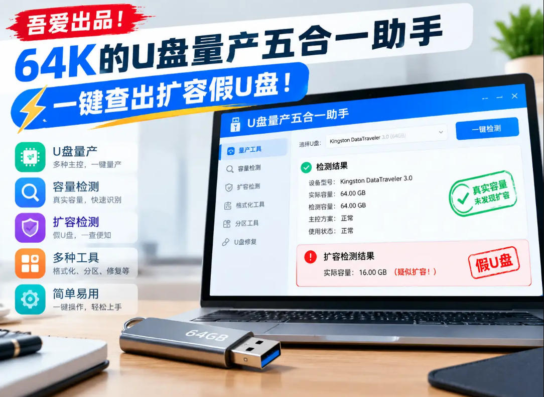 吾爱出品！64K的U盘量产五合一助手，一键查出扩容假U盘！-知行阁轻创网-分享网络赚钱项目-全网首发副业项目实操平台-副业创业项目网
