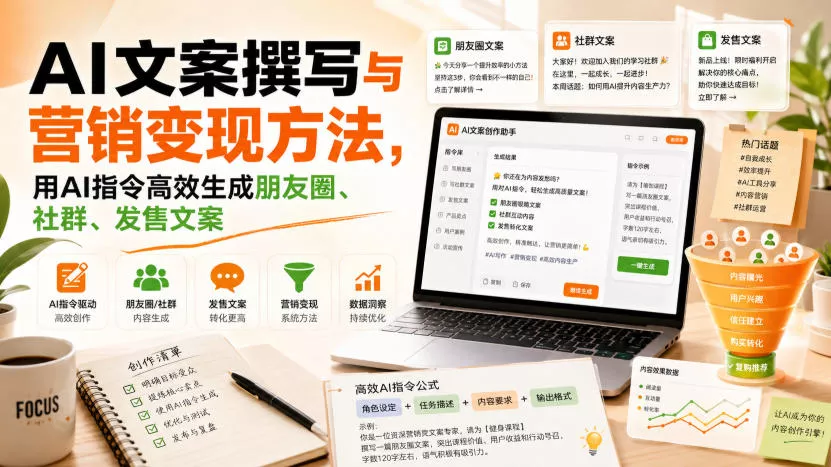 AI文案撰写与营销变现方法，用AI指令高效生成朋友圈、社群、发售文案-知行阁轻创网-分享网络赚钱项目-全网首发副业项目实操平台-副业创业项目网