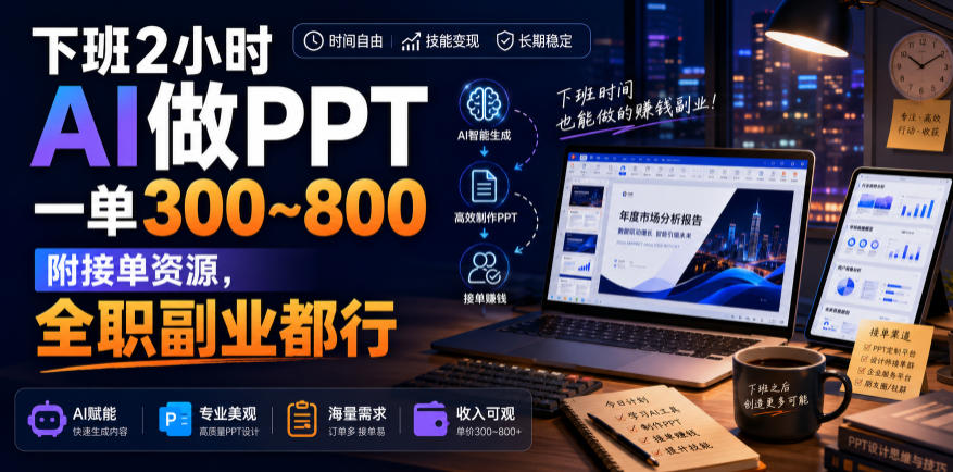 下班2小时AI做PPT,一单300~800,附接单资源,全职副业都行【揭秘】-知行阁轻创网-分享网络赚钱项目-全网首发副业项目实操平台-副业创业项目网
