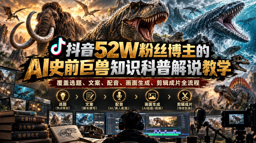 抖音52W粉丝博主的AI史前巨兽知识科普解说教学,覆盖选题、文案、配音、画面生成、剪辑成片全流程 抖音52W粉丝博主的AI史前巨兽知识科普解说教学,覆盖选题、文案、配音、画面生成、剪辑成片全流程