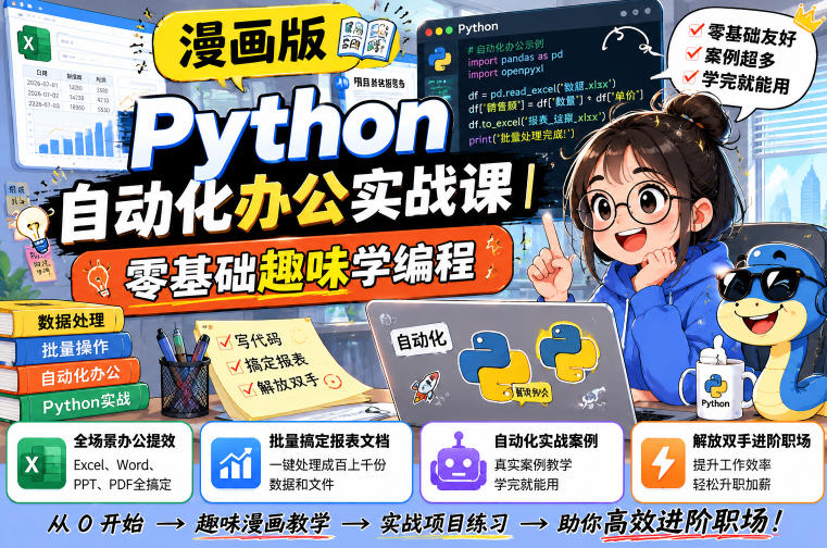 漫画版Python自动化办公实战课｜零基础趣味学编程，全场景办公提效、批量搞定报表文档、解放双手进阶职场-知行阁轻创网-分享网络赚钱项目-全网首发副业项目实操平台-副业创业项目网