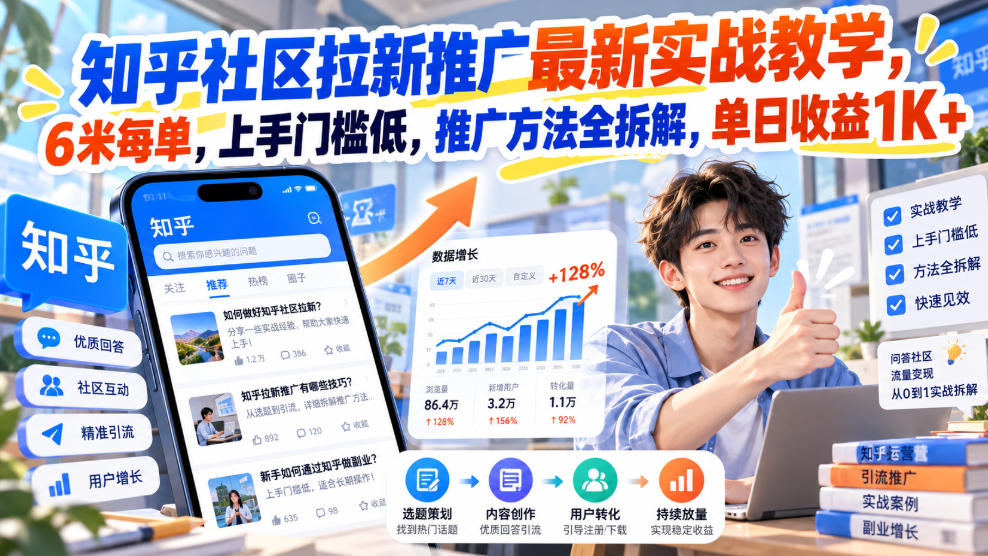 知乎社区拉新推广最新实战教学,6米每单,上手门槛低,推广方法全拆解,单日收益1K+!-知行阁轻创网-分享网络赚钱项目-全网首发副业项目实操平台-副业创业项目网