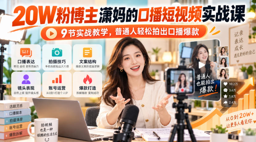 20W粉博主潇妈的口播短视频实战课，9节实战教学，普通人轻松拍出口播爆款-知行阁轻创网-分享网络赚钱项目-全网首发副业项目实操平台-副业创业项目网