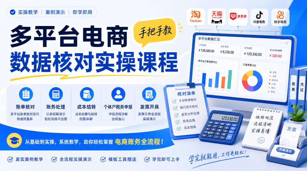 多平台电商数据核对实操课程，手把手教账单核对、账务处理、成本结转、个体户税务申报与发票开具-知行阁轻创网-分享网络赚钱项目-全网首发副业项目实操平台-副业创业项目网