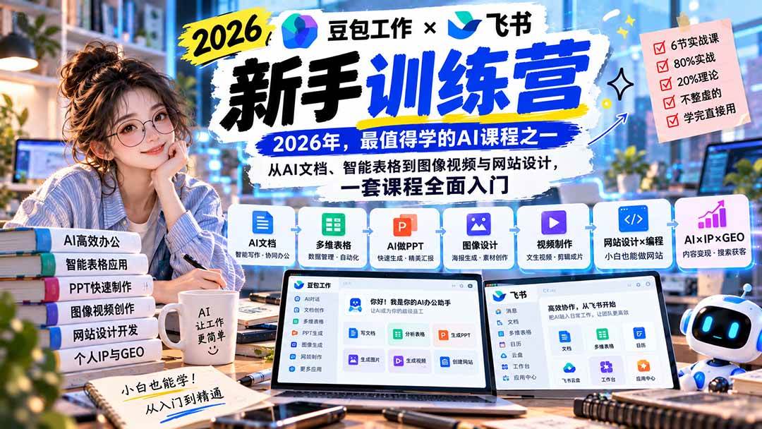 (20645期)2026豆包工作+飞书新手训练营-9月新课:从AI文档、智能表格到图像视频与网站设计,一套课程全面入门-知行阁轻创网-分享网络赚钱项目-全网首发副业项目实操平台-副业创业项目网