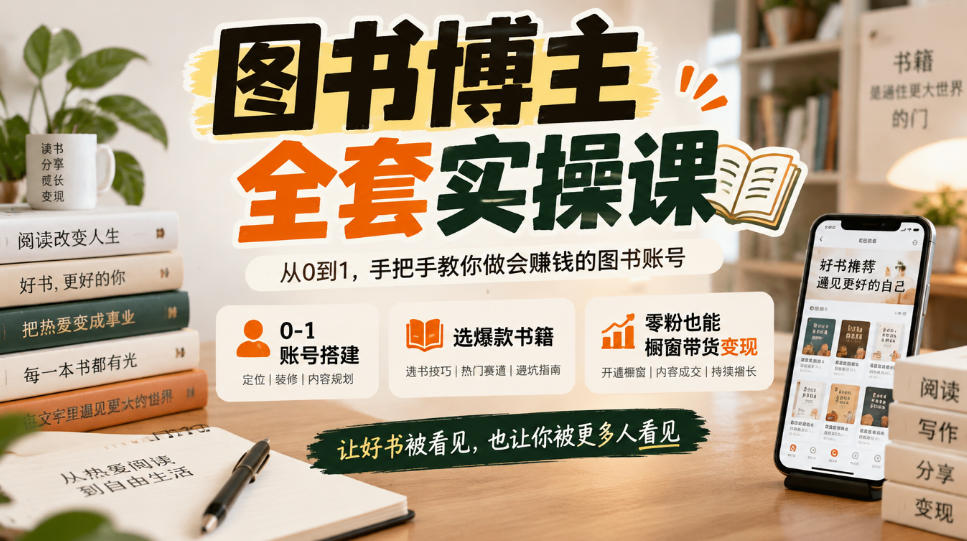 图书博主全套实操课，0‑1账号搭建，选爆款书籍，零粉也能橱窗带货变现-知行阁轻创网-分享网络赚钱项目-全网首发副业项目实操平台-副业创业项目网
