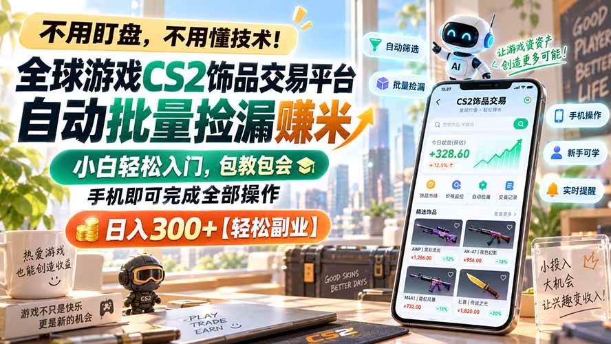 （20454期）全球游戏CS2饰品交易平台自动批量捡漏赚米，小白轻松入门，包教包会，手机即可完成全部操作，日入300+【轻松副业】-知行阁轻创网-分享网络赚钱项目-全网首发副业项目实操平台-副业创业项目网
