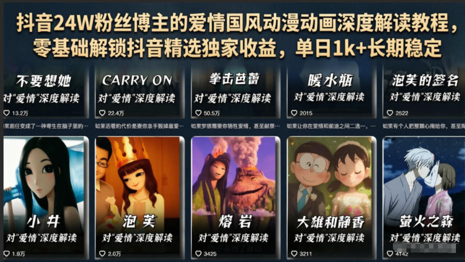 抖音24W粉丝博主的爱情国风动漫动画深度解读教程，零基础解锁抖音精选独家收益，单日1k+长期稳定-知行阁轻创网-分享网络赚钱项目-全网首发副业项目实操平台-副业创业项目网