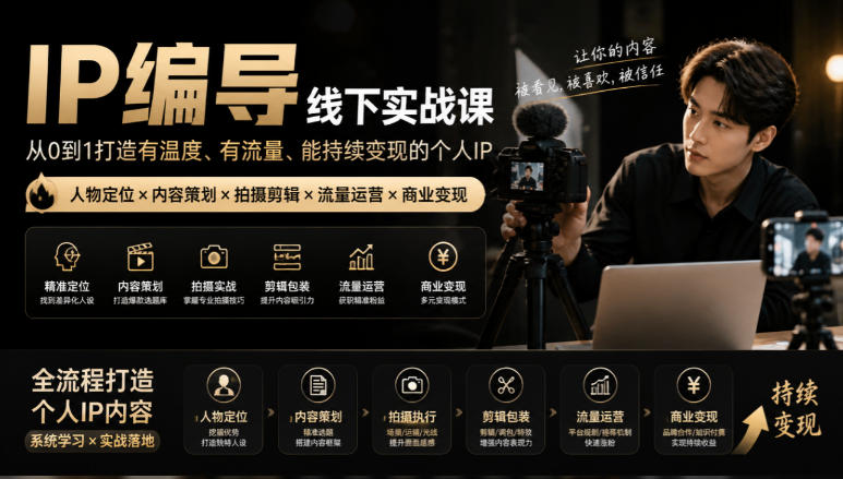 【无水印】IP编导线下实战课，从人物定位到短视频拍摄剪辑，全流程打造有温度、有流量、能持续变现的个人IP内容-知行阁轻创网-分享网络赚钱项目-全网首发副业项目实操平台-副业创业项目网
