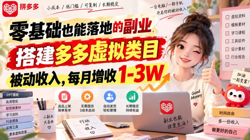 零基础也能落地的副业，搭建多多虚拟类目被动收入，每月增收1-3W【揭秘】-知行阁轻创网-分享网络赚钱项目-全网首发副业项目实操平台-副业创业项目网