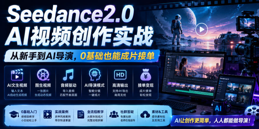 Seedance2.0 AI视频创作实战，从新手到AI导演，0基础也能成片接单变现-知行阁轻创网-分享网络赚钱项目-全网首发副业项目实操平台-副业创业项目网