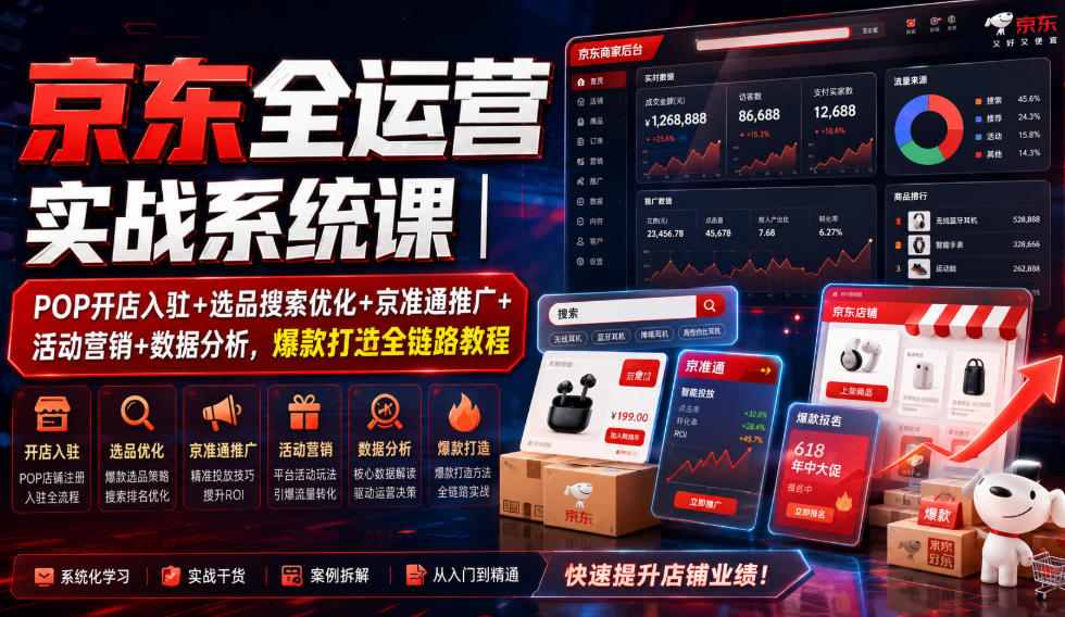 京东全运营实战系统课｜POP开店入驻+选品搜索优化+京准通推广+活动营销+数据分析，爆款打造全链路教程-知行阁轻创网-分享网络赚钱项目-全网首发副业项目实操平台-副业创业项目网
