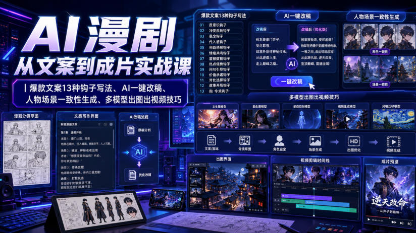 AI漫剧从文案到成片实战课|爆款文案13种钩子写法、AI一键改稿、人物场景一致性生成、多模型出图出视频技巧-知行阁轻创网-分享网络赚钱项目-全网首发副业项目实操平台-副业创业项目网