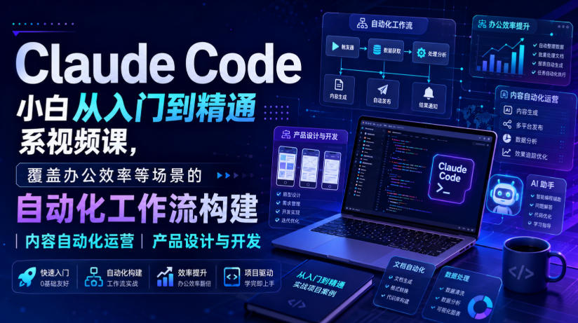Claude Code小白从入门到精通系视频课，覆盖办公效率等场景的自动化工作流构建|内容自动化运营|产品设计与开发-知行阁轻创网-分享网络赚钱项目-全网首发副业项目实操平台-副业创业项目网