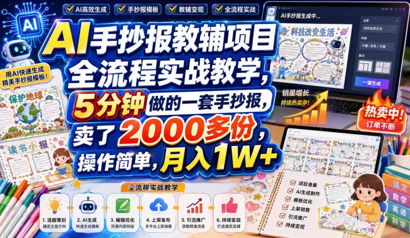 AI手抄报教辅项目全流程实战教学，5分钟做的一套手抄报，卖了2000多份，操作简单，月入1W+-知行阁轻创网-分享网络赚钱项目-全网首发副业项目实操平台-副业创业项目网