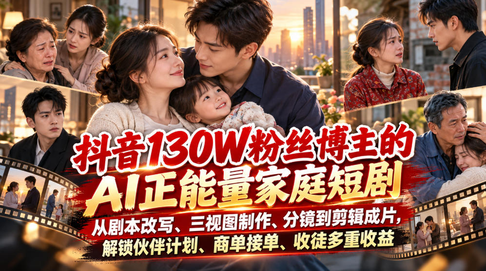 抖音130W粉丝博主的AI正能量家庭短剧，从剧本改写、三视图制作、分镜到剪辑成片，解锁伙伴计划、商单接单、收徒多重收益-知行阁轻创网-分享网络赚钱项目-全网首发副业项目实操平台-副业创业项目网